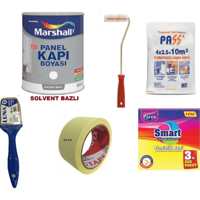 Marshall Marshall Solvent (Tiner) Bazlı Amerikan Panel Kapı Boyası 2.5 Lt -6 Parça Set - 2.5 L+ Boyama Seti - Mavi Göl