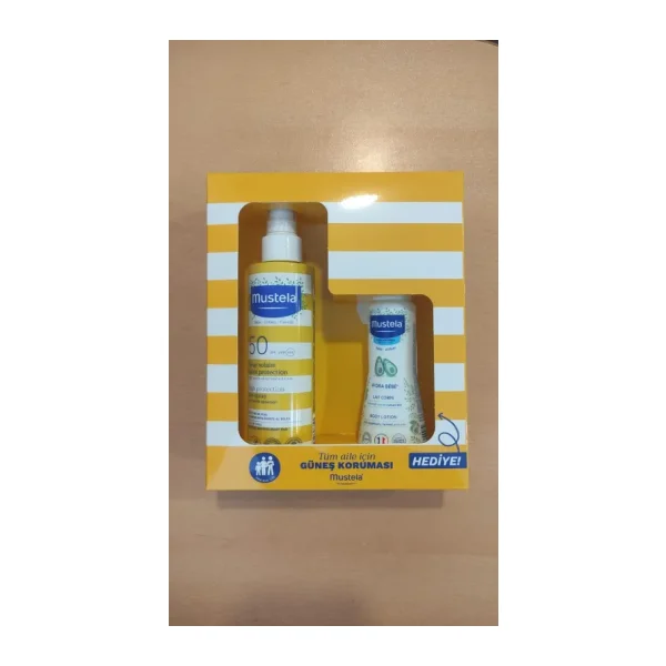 Mustela güneş losyon sprey 200 ml spf 50+ 100 ml hydra bebe hediyeli 2026 kofre