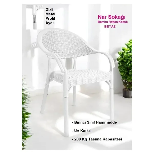 Nar Sokağı Bambu Rattan Kollu Sandalye Koltuk Beyaz