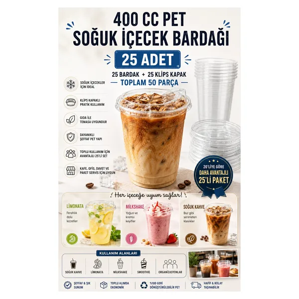Owersea 400 cc Plastik Pet Soğuk Kahve Limonata Milkshake Bardağı 25 Adet Klips Kapaklı Bardak