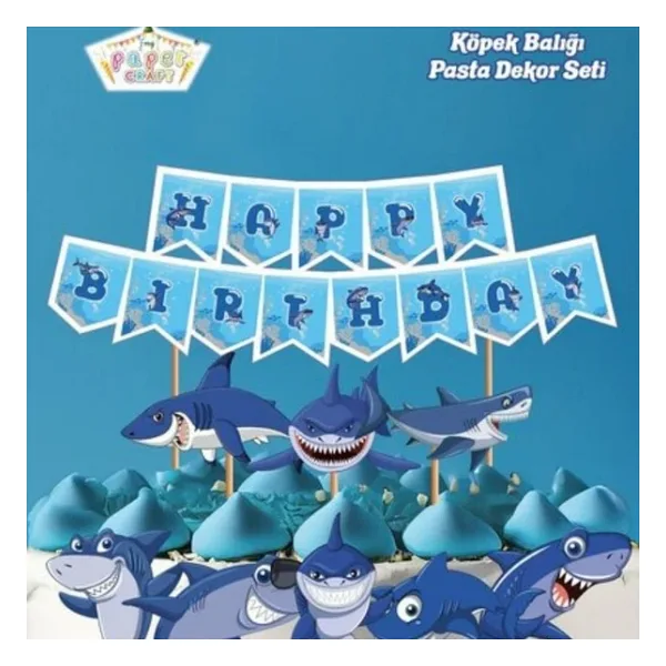 parti sürprizi Köpek Balığı Teması Happy Birthday Kürdanlı Set
