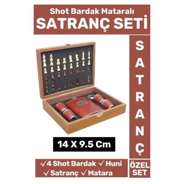 Premium Yüksek Kalite Alkol Konyak Matara 4 Shot Bardak Huni Setli Ahşap Kutulu Satranç Takımı Seti