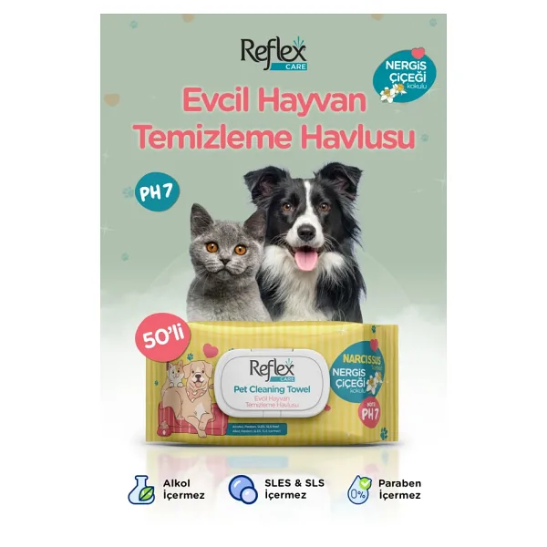 Reflex Care Nergis Kokulu Kedi ve Köpekler için Temizleme Mendili 50'li