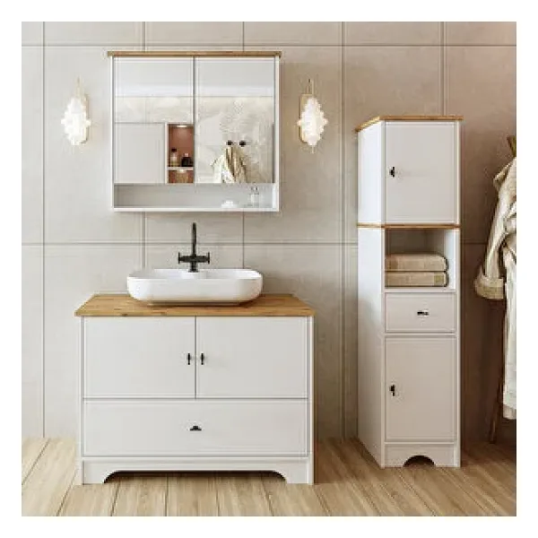ROOMART Oval Lavabolu Mat Beyaz Mdf 100 Cm Çekmeceli Banyo Dolabı + Aynalı Üst Dolabı + Boy Dolabı
