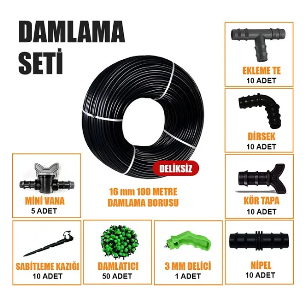 Sera Trend Damla Sulama Seti 100 Metre Damlama Hortumu ve Ek Parçaları Bahçe Ağaç Fidan Sebze Sulama Ekipmanları Damlama Borusu Sistemi - 16mm