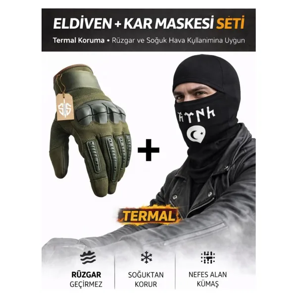 Single Sword Dokunmatik Tam Parmak Korumalı Eldiven + Termal Kar Maskesi Set Haki Xl
