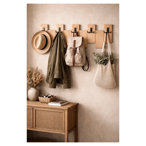 Trend Kitchen Prau Modern Siyah Metal Kancalı Ahşap Antre, Hol Ve Portmanto Duvar Askılığı