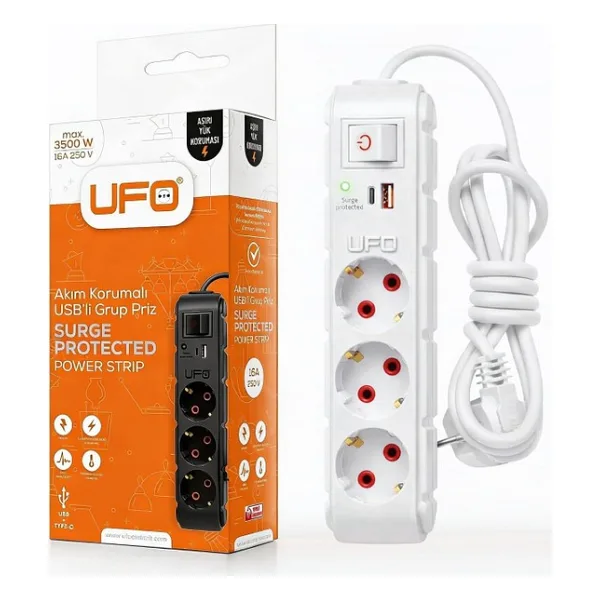 Ufo Yeni 3lü Akım Korumalı Grup Priz 0,5 Metre Bakır Kablolu, 5V 2,4A USB ve Type-C ile Şarj, Anahtarlı Topraklı Priz, Sürekli Koruma, 16A 250V, Max 3500W Aşırı Yük Koruması, 0,5m. Beyaz Renk