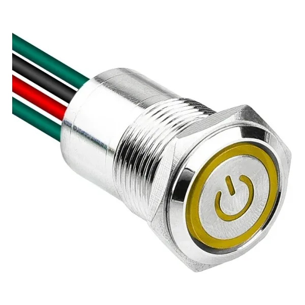 WD16D1-P2-EC 16mm Düz Yaylı Işıklı Power Kablolu Metal Buton - Sarı