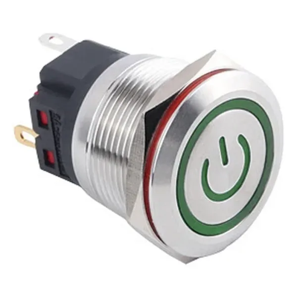 WD22B-P1Z-EC 22mm Düz Anahtarlı Işıklı Power Metal Buton - Yeşil