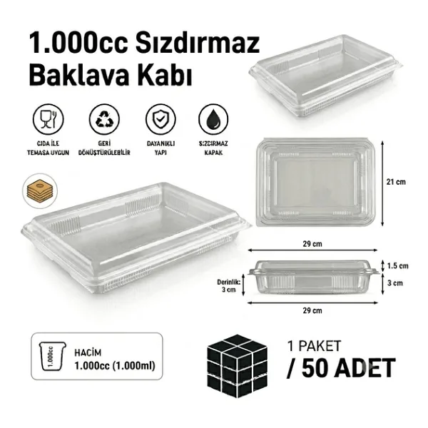 1000 Cc Sızdırmaz Baklava Kabı 50 Adet