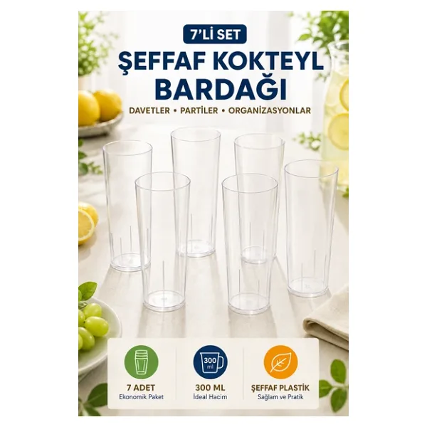 7'Li Set Plastik Kokteyl, Meşrubat Bardağı - Parti, Düğün, Davet Ve Organizasyon Bardağı 300 Ml