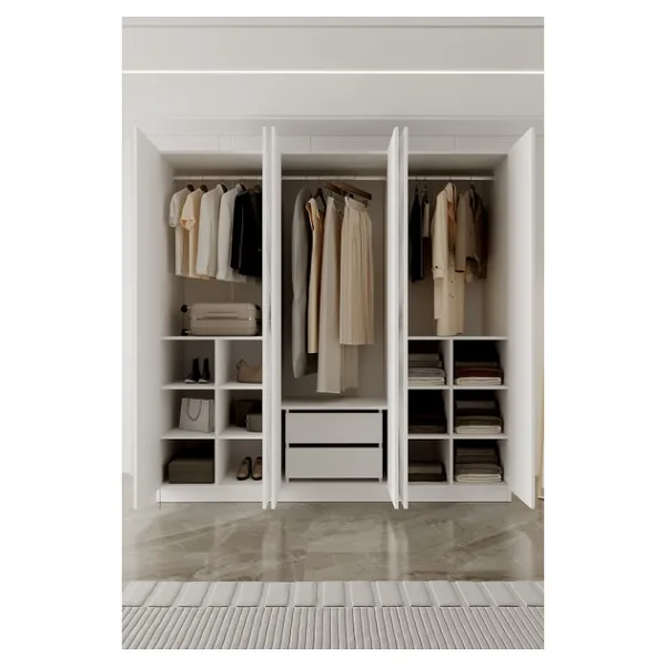 Aeka AE-2190 Hisar Beyaz/beyaz 6 Kapaklı Çok Bölmeli Askılı ve Raflı Geniş Hacimli Gardırop 210X210 cm