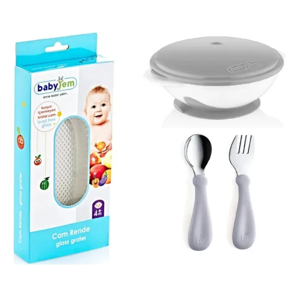 Babyjem Cam Rende + Vakumlu Mama Tabağı Gri + Paslanmaz Çelik Çatal Kaşık Seti Gri