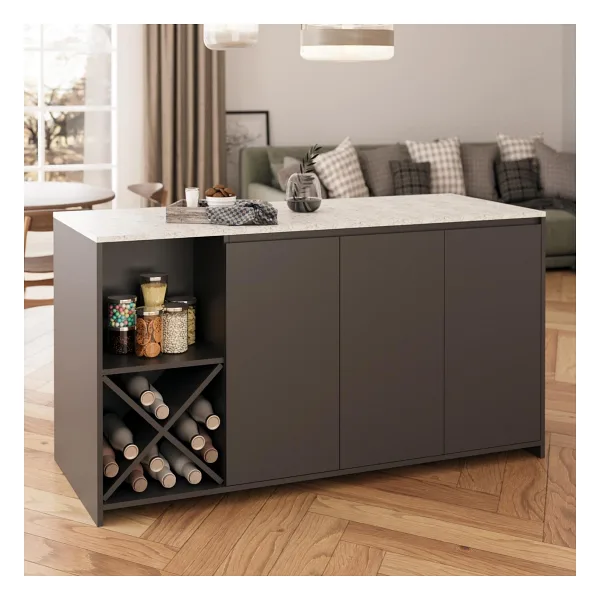 Bimossa Gustav L4730 Mutfak Adası 160 cm - Carrara Mermer Antrasit, Şaraplık, Bar Masası, Çok Amaçlı Depolamalı Dolap - Mermer - Gri - 160x92x68