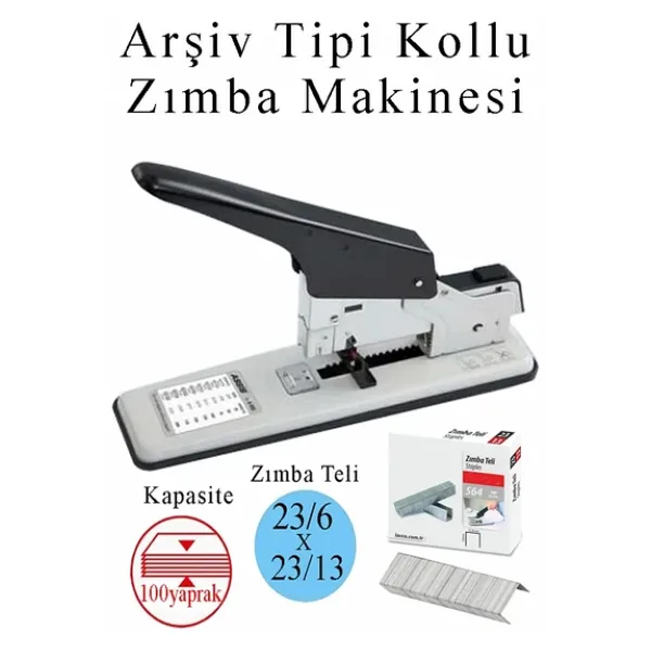 Büyük Boy Zımba Makinesi 1 Adet Arşiv Tipi Zımba Makinası 100 Sayfa Kapasiteli Zımba Teli Hediyeli Kollu Zımba Makinası