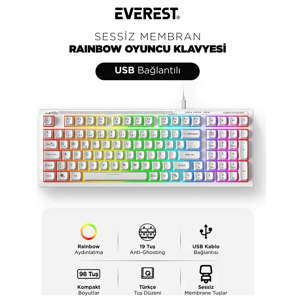 Everest Silent KB-98 Membrane Switch Kablolu Oyuncu Klavyesi