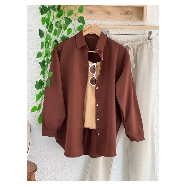 Exit Collection Abs Boyfriend Tesettür Kadın Gömlek - Uzun Kollu Oversize Kadın Gömlek - Kahverengi