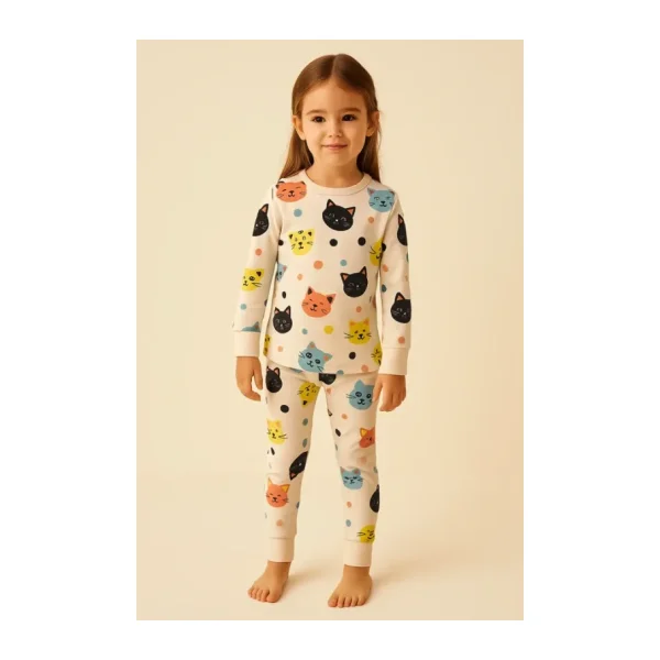 Kız Çocuk Kedi Desenli Pijama Takımı Açık Pembe