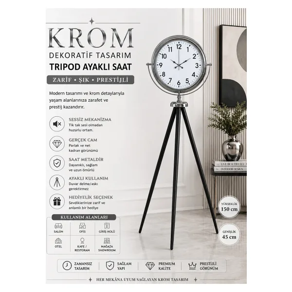 Krom Dekoratif Tasarım Tripod Ayaklı Saat