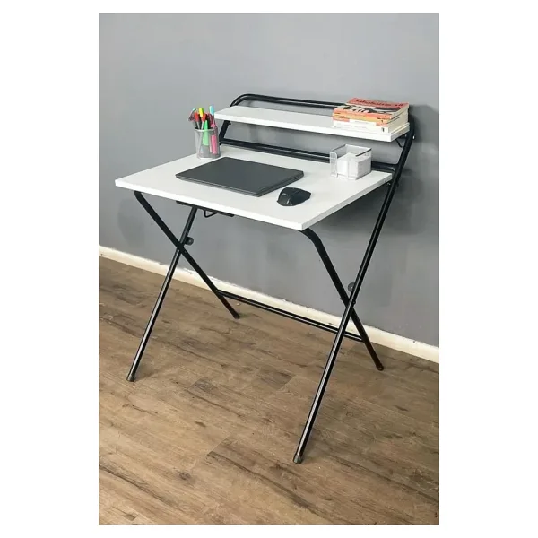 Lich Metal Ayaklı Katlanır Çalışma Masası Beyaz Raflı Laptop Sehpası Çizim ve Ders Masası