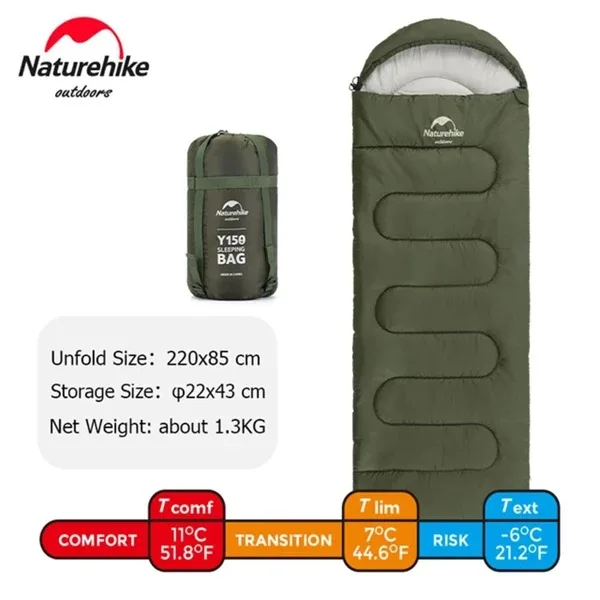 Naturehike Y150L Zarf Tarzı Kapüşonlu -6°C Sağ Fermuarlı Uyku Tulumu