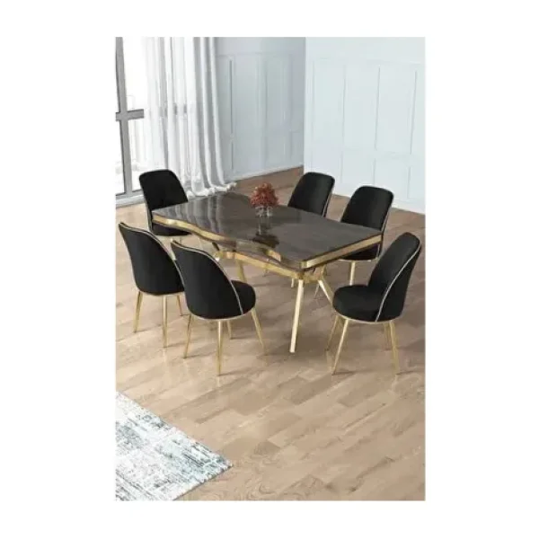 Prah Serisi 90X160 Lak Panel Antrasit Ironi Gold Ayak Masa Takımı 6 Siyah Sandalye