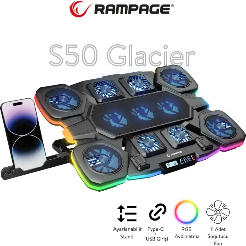 Rampage Breeze S50 5 Fanlı RGB LCD Ekranlı Laptop Soğutucu