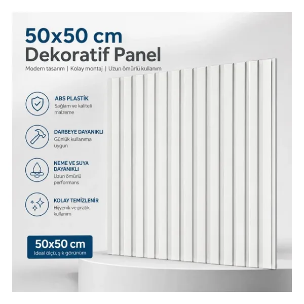 Renkli Duvarlar 50cm x 50cm 1 Adet 3D Abs Malzeme PVC Dayanıklı Duvar Paneli Silinebilir Lambiri Model Beyaz Panel