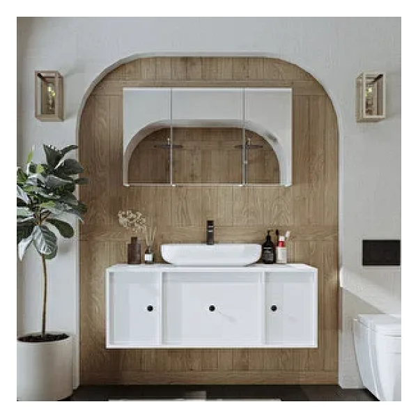 Roomart Oval Lavabolu Mat Mdf 120 Cm Çekmeceli Banyo Dolabı + Aynalı Üst Dolabı + Boy Dolabı Beyaz