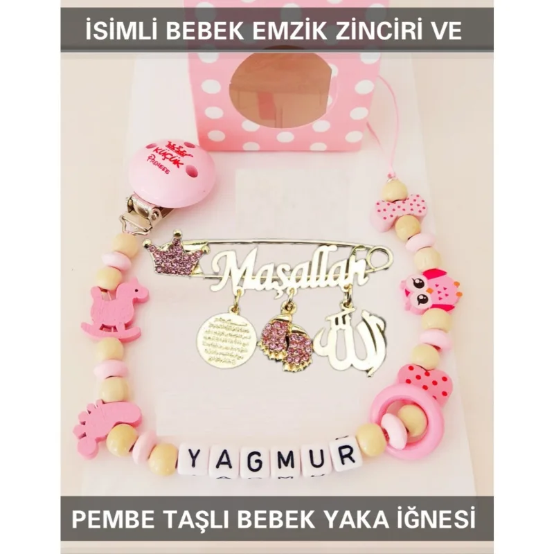Sahi Aksesuar İsimli Bebek Emzik Zinciri ve Pembe Taşlı Bebek Yaka İğnesi