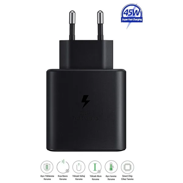 Samsung Galaxy S26 Ultra Uyumlu 45W Type-C Girişli Super Hızlı Şarj Cihazı Adaptör - Ithalatçı Garantili - Siyah
