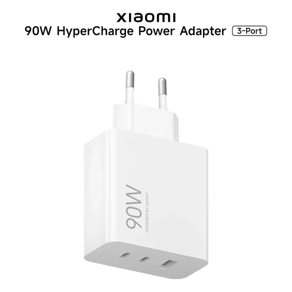 Xiaomi 90W HyperCharge Power Adapter (3-Port) EU 2x USB-C + 1x USB-A Hızlı Şarj Adaptörü