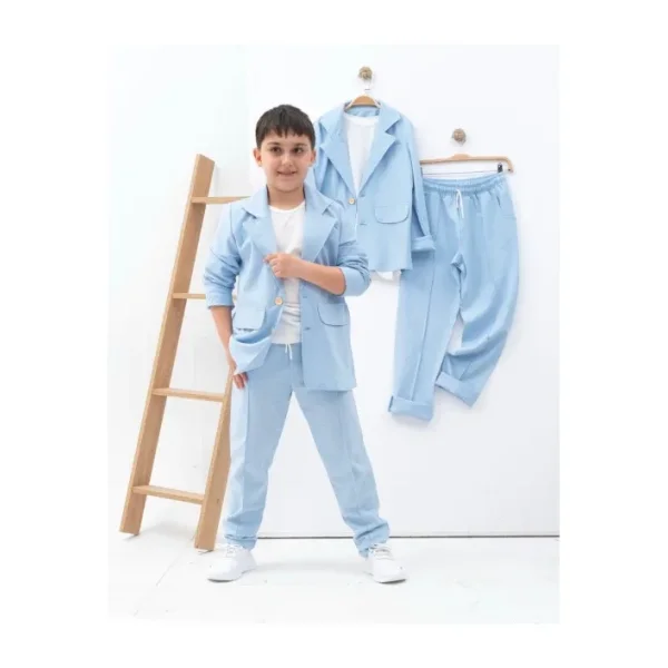 Zelhan Kids Erkek Çocuk Keten Takım Elbise - Bebe Mavi - 8 - 9 Yaş