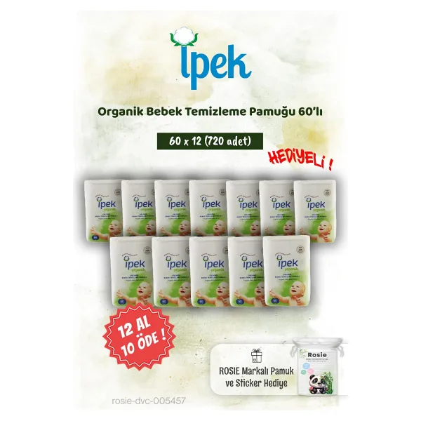 12 AL 10 ÖDE İpek Organik 60'lı Bebek Temizleme Pamuğu ve Rosie Pamuk hediye