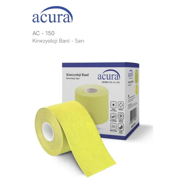 Ac-150 Yüz & Vücut Uyumlu Hipoalerjenik Kinesyo Tape Ağrı Bandı 5m X 5cm Sarı Renk 1 Beden