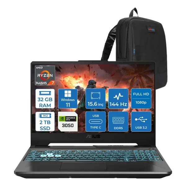 Asus Tuf Gaming A15 - FA506NCG Amd Ryzen 7-7445HS 32GB Ddr5 2tb SSD Rtx 3050/4GB 75W 15.6 Inç Full Hd 144Hz Ips-Level WIN11PRO Gaming Bilgisayar HN206AF14+ZETTAÇANTA - 2 TB - 32 GB