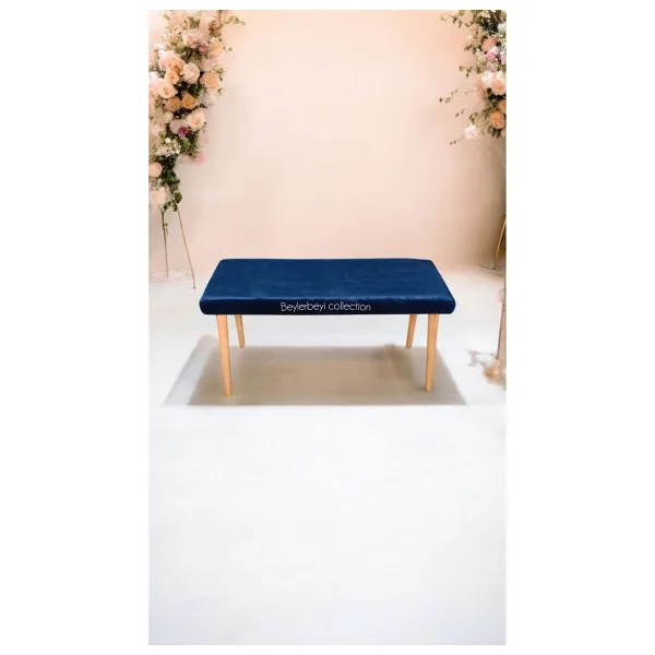Beylerbeyi Ahşap Ayaklı Handmade Geniş Oturum Alanlı Düz Kumaş Pofidik Puf Bench, Ayak Ucu Uzatmalık - Lacivert