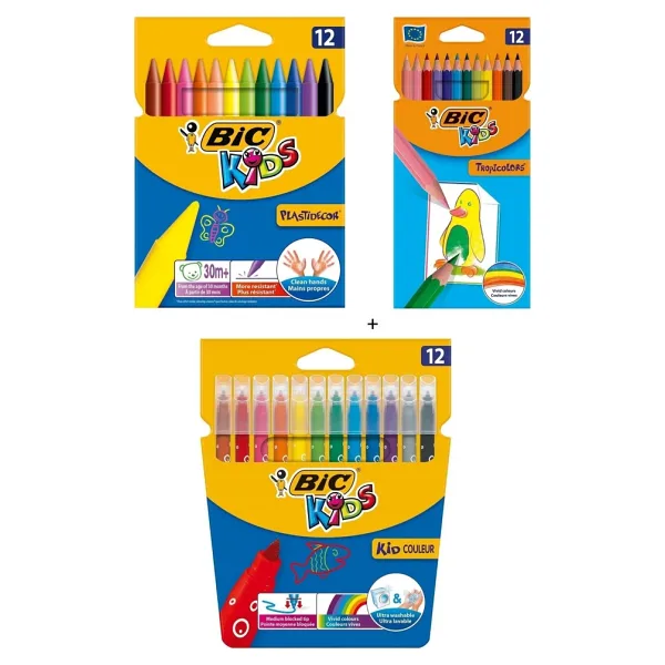 Bic Pastel Boya Kalemi 12'li + Kuru Boya Kalemi 12'li + Yıkanabilir Keçeli Boya Kalemi 12'li