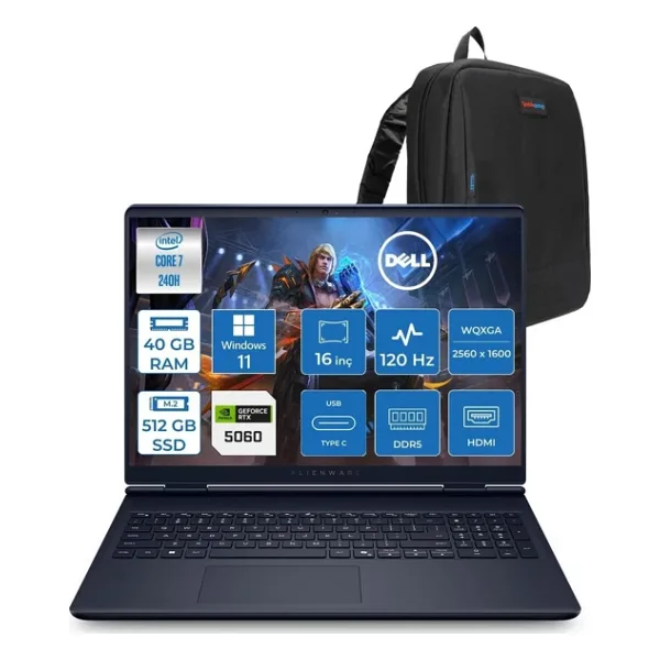 Dell Alienware 16 Aurora AC16250 Intel Core 7 240H 40GB Ddr5 512GB SSD Windows 11 Home 8gb RTX5060 16 Inç 2K(2560x1600) Wqxga 120Hz Wva Gaming Laptop AC16250C71615U56NH23 + Zetta Çanta