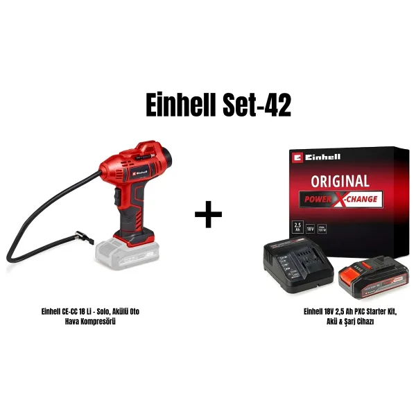 Einhell Set-42 (Einhell CE-CC 18 Li - Solo, Akülü Oto Hava Kompresörü+Einhell 18V 2,5 Ah PXC Starter Kit, Akü & Şarj Cihazı)