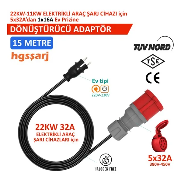 Hgsşarj 15M, 5X32A 380V ile Çalışan Cihazınızı, 220V Ev Tipi Prize Bağlar. Elektrikli Araç Şarj İstasyonu Dönüştürücü Adaptör - 15 Metre