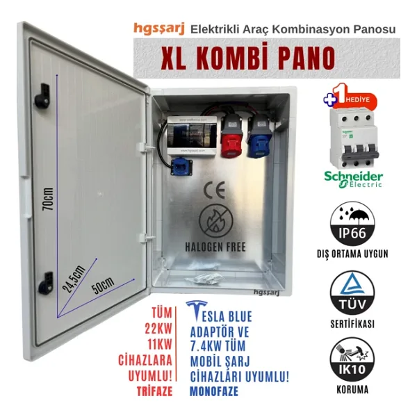 Hgsşarj "xlkombi" 5X32A + 3X32A + 1X16A 22KW Trifaze 7kw Monofaze Elektrikli Araç Kombinasyon Panosu Tesla Blue Adaptör Uyumlu Schneider Sigorta Grubu Kombinasyon Kutusu