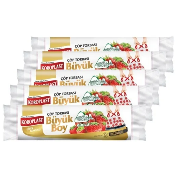 Koroplast Ekstra Güçlü Çilek Kokulu Büzgülü Büyük Boy Çöp Poşeti 10'lu 5 Adet