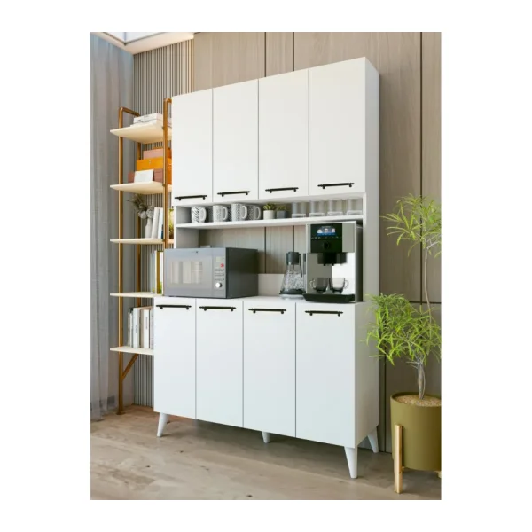 Montenero Kahve Köşesi Dolabı 8 Kapaklı Geniş Çok Amaçlı Mutfak Dolabı 120x200 Cm Parlak Beyaz - Beyaz - Beyaz