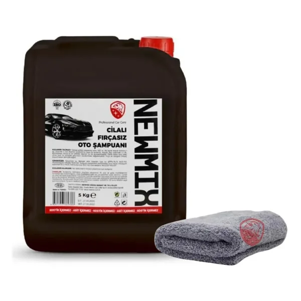 NEWMİX 5kg Cilalı Fırçasız Oto Araba Şampuanı Oto Kurulama Bezi Büyük Boy 50x70cm