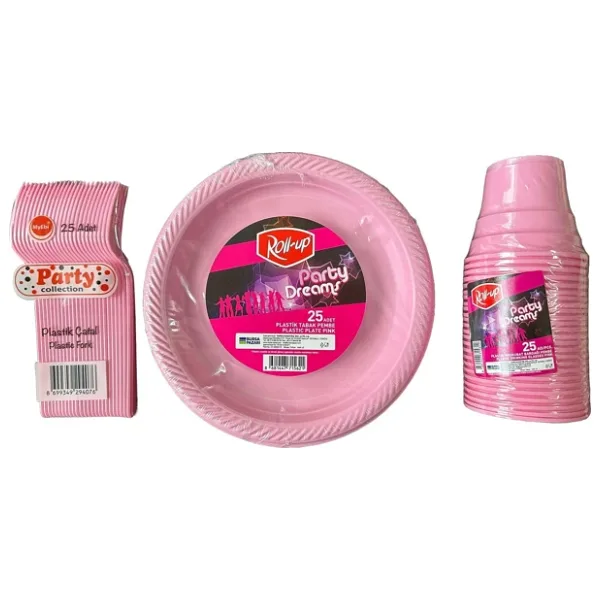 Piknik Davet Doğum Günü Omeyva Sofra Seti - 25 Kişilik Pembe Tabak Bardak Çatal Takımı