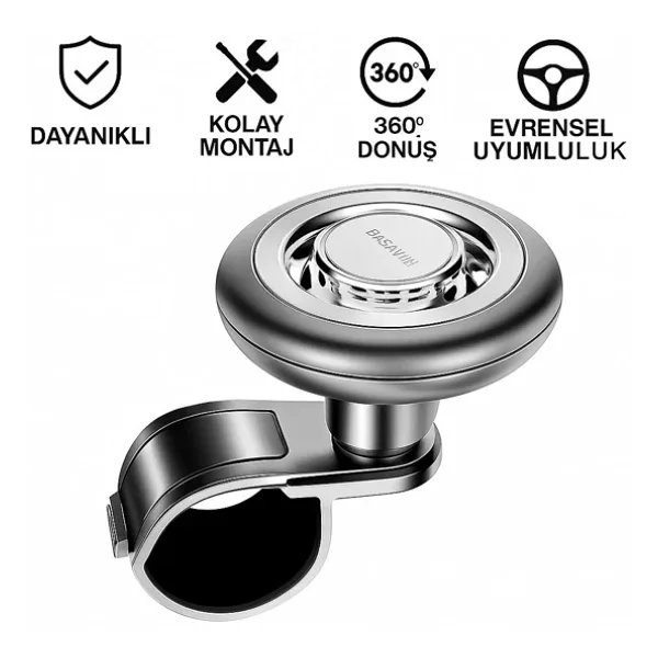 Polham 360 Derece Dönebilen Direksiyon Çevirme Topuzu - Tüm Araçlarla Uyumlu, Kamyon, Tır, Traktör, Direksiyon Çevirme Topuzu Gümüş