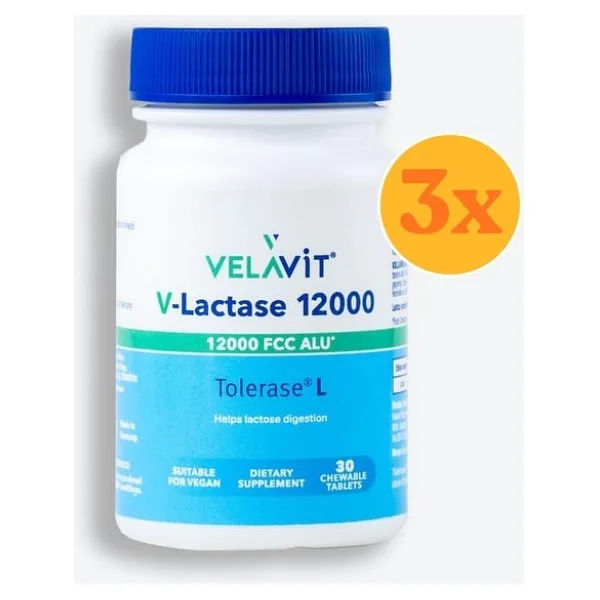 Velavit V- Lactase 12000 - Laktoz Sindirim Desteği - 30 Çiğnenebilir Tablet 3'l
