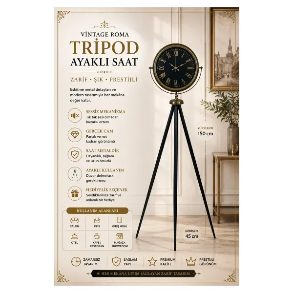 Vintage Roma Rakamlı Modern Tripod Ayaklı Saat